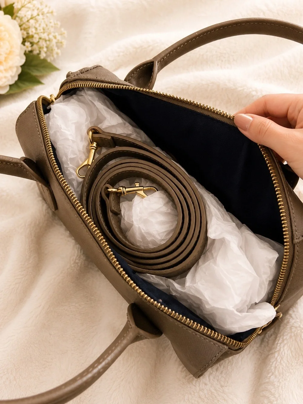 Tommy Hilfiger Olive-Taupe Saffiano Satchel with Gold Padlock